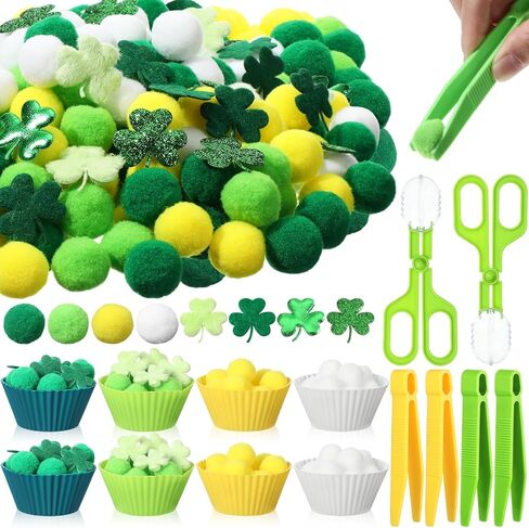 294 PCS St. Patrick's Day Forting Counting Guilt Marts Marchors Sensory Bin Shot تشمل 8 فرز أحواض 200 كرات أفخم 4 ملاقط 2 مقصات مقصات 80 زخرفة البرسيم للفتيان الفتيات in Kuwait