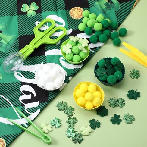294 PCS St. Patrick's Day Forting Counting Guilt Marts Marchors Sensory Bin Shot تشمل 8 فرز أحواض 200 كرات أفخم 4 ملاقط 2 مقصات مقصات 80 زخرفة البرسيم للفتيان الفتيات in Kuwait