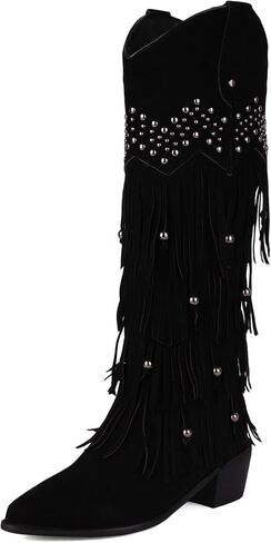 Arqa Women's Fringe Suede Knee High Boots Block Western Western Cowboy Boot Wide Calf Cow-On in Kuwait