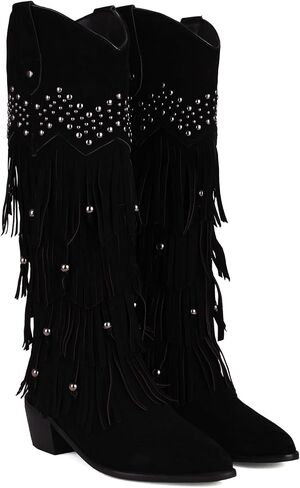 Arqa Women's Fringe Suede Knee High Boots Block Western Western Cowboy Boot Wide Calf Cow-On in Kuwait