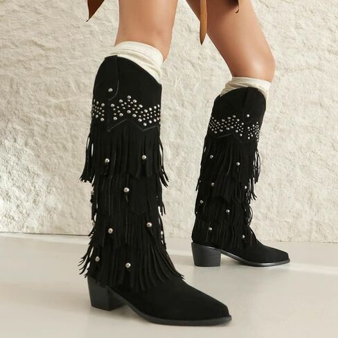 Arqa Women's Fringe Suede Knee High Boots Block Western Western Cowboy Boot Wide Calf Cow-On in Kuwait