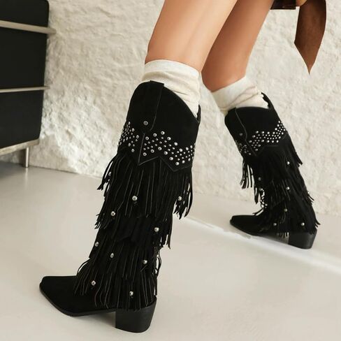 Arqa Women's Fringe Suede Knee High Boots Block Western Western Cowboy Boot Wide Calf Cow-On in Kuwait