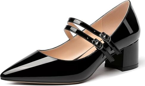 MERRORI Women's Block Pointed Toe Solid Buckle Adjustable Strap Patent Chunky Low Heel Pumps Shoes 2 Inch in Kuwait