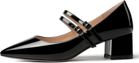 MERRORI Women's Block Pointed Toe Solid Buckle Adjustable Strap Patent Chunky Low Heel Pumps Shoes 2 Inch in Kuwait