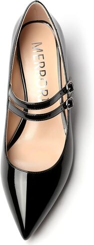 MERRORI Women's Block Pointed Toe Solid Buckle Adjustable Strap Patent Chunky Low Heel Pumps Shoes 2 Inch in Kuwait