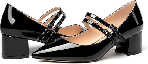 MERRORI Women's Block Pointed Toe Solid Buckle Adjustable Strap Patent Chunky Low Heel Pumps Shoes 2 Inch in Kuwait