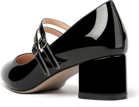 MERRORI Women's Block Pointed Toe Solid Buckle Adjustable Strap Patent Chunky Low Heel Pumps Shoes 2 Inch in Kuwait