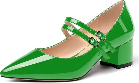 MERRORI Women's Block Pointed Toe Solid Buckle Adjustable Strap Patent Chunky Low Heel Pumps Shoes 2 Inch in Kuwait