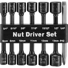 14PC Power Magnetic Nut Driver Drill Bit Set Socket Bit Adapter metric&SAE Socket for Wrench Screw 1/4" Driver Hex