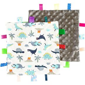 1 PC Grey Dinosaur Baby Tag Blanket, Cute Label Blanket, Small Tags Security Blanket for Kids Toddlers Gift(9.84x9.84inch)