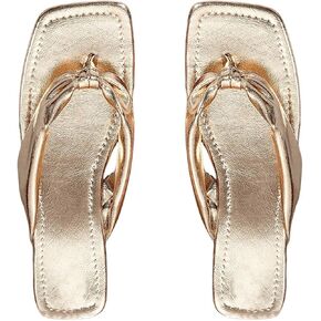 Gorglitter Gold's Gold Flat Sandals Metallic Square Square Square Ruched Strap Thong Sandals