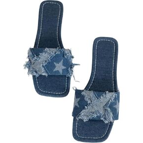 نجمة الصنادل الدنيم النسائية Gorglitter Jean Flat Sandals y2k تنزلق على صندل الشريحة
