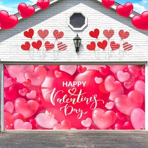 Tudomro Happy Valentine's Day Garage Door Banner Cover 6 X13 ft Garage Backdrops Decorations Pink Heart Barn Door Photo Background for Yard Indoor Outdoor Home Party Supplies