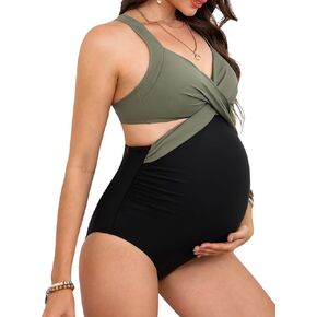 CUPSHE Maternity One Piece Swimsuit V Neck Pregnancy Bathing Suit for Women Front Wrap Criss Cross Cutout Color Block