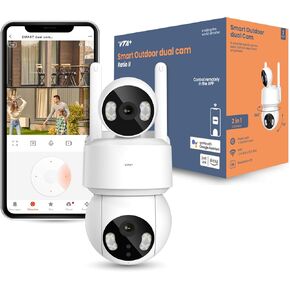 2K Dual Lens Outdoor Security Camera - Dual Lens Technology, Motion Tracking, 280° Rotation, IP65, Built-in Light, Night Vision, Alexa/Google Compatible