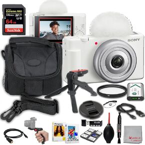 Sony ZV-1F Vlogging Camera (White) | Easy Smartphone Connection : 64GB Extreme Memory, Editing Software, Grip, and Case Bundle (20pc), compact, Black
