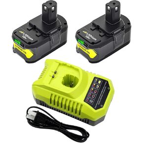 2Pack 6.0Ah Replacement for Ryobi 18V Battery and Charger Combo Replacement for Ryobi 18V Lithium P102 P103 P104 P105 P107 P109 P108 P190 P122 Cordless Tools Battery and P117 Charger