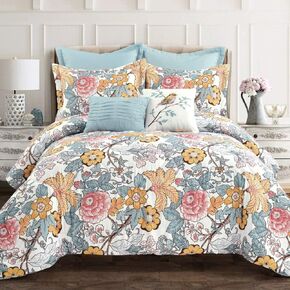 Lush Decor Sydney Comforter Set - Charming & Colorful Floral Leaf Design - 7 Piece Elegant Botanical Bedding Set With Euro Shams & Decorative Pillows - King, Blue & Yellow