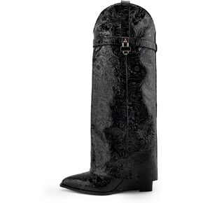 heelchic Fold Over Boots for Women Printed Floral Knee High Boots Covered Wedge Heel Boot Shark Lock Boots Black