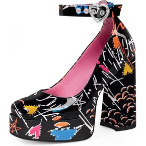 Women's Platform High Block Heel Pumps Ankle Strap Heart Buckle Square Toe Patent Leather Party Prom Dress Shoes