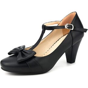 Women Bow Vintage Shoes Block Black High Heels Mary Janes Closed Toe T-Strap Pumps Comfort Rockabilly Shoes