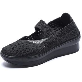 منصة Veroders Women's Wedge مغلق أخمص القدمين مريحة للمشي أحذية منسوجة مضخات Mary Jane للمدرسة Beach