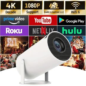 جهاز عرض Mini Portable مع WiFi 6 و Bluetooth 5.0 Smart Projector 1080p Support Movie Projector 4K Decode مدمج في Android 11.0 للمسرح المنزلي متوافق مع الهاتف الذكي/الكمبيوتر اللوحي/المحمول