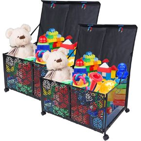 GYBest Toy Storage Bins Box 2 Pack with Wheels for Kids Boys Girls, Collapsible Large Toy Organizers Chest, Metal Storage Toy Baskets Box Boxes with Lid For Playroom, Living Room, Bedroom