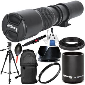 500mm F/8.0 Multi Coated High-Power Preset Telephoto Lens (for Canon) 10PC Accessory Bundle – Includes 2.0X Tele-Converter + T-Mount Adapter + More