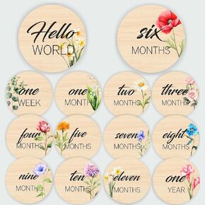 Hello World Newborn Sign - Baby Milestone Signs & Newborn Photography Props - 7 Double Sided Wooden Circles with Colorful Flower Design for Baby Photoshoots