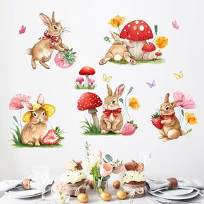 Mfault Spring Easter Bunny Mushroom Wall Decals Stickers, Cute Rabbit Poppy Flower Strawberry Decorations Bedroom Art, Butterfly Floral Home Kitchen Decor