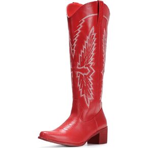 IUV Cowboy Boots for Women Knee High Western Boots Pointy Toe Chunky Heel Zipper Cowgirl Boots for Country Concert