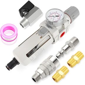 Air Compressor Moisture Filter, AW3000-03D Auto Drain Air Line Filter, 3/8" NPT Inlet with 150 PSI Gauge and Valve Shut Off Switch for Spray Paint Gun