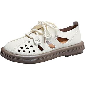 Women'S Leather Lace Up Cutout Loafers Soft Platform Lightweight Closed Toe Breathable Outdoor Walking Sandals Casual Wide Round Toe Anti-Slip Comfort Slip On Oxfords