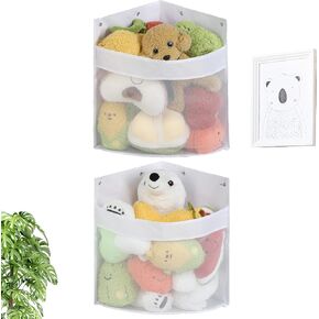 Stuffed Animal Storage, 2 Pack Stuffed Animal Hammock Corner Toy Organizer, Wall Mount Large Net Basket for Teddy Plush, Hanging Kids Plush Toys Holder for Nursery Play Room Bedroom Decor, White
