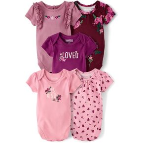 The Children's Place,Unisex Baby,and Newborn Everyday Short Sleeve Bodysuits,Pink Floral 5-Pack,12 Months,18 Months