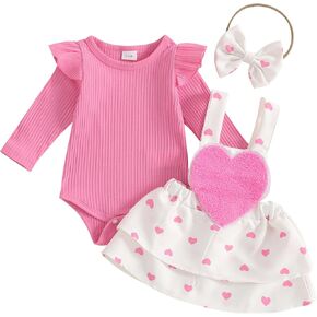 Newborn Baby Girl Valentines Day Outfit Long Sleeve Ribbed Romper Overall Heart Suspender Skirt Overall Dress Set