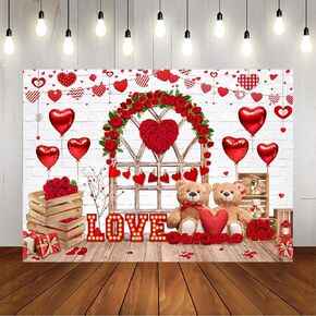 Mocsicka 7x5ft Valentines Day Backdrop Red Rose Brick Wall Wood Door Valentine Day Backdrops for Photography Love Heart Wedding Anniversary Valentines Party Decorations Banner Props
