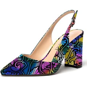 MERRORI Women's Solid Slingback Block Patent Buckle Pointed Toe Chunky High Heel Pumps Shoes 3.3 Inch
