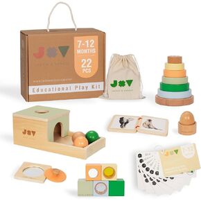 Jackie & Vancie All-Wooden Montessori Toys for 1 Year Old, 6 in 1 Learning Educational Set with Object Permanence, Rainbow Stacker, Mirror Puzzle, Sensory Blocks, Egg & Cup and Wooden Book