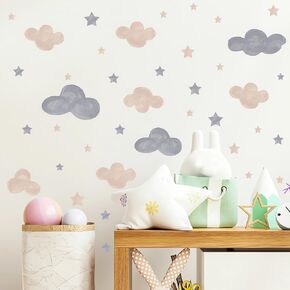 2 Sheets Gray Brown Clouds Stars Wall Stickers, sacinora DIY Art Wall Decals Removable Vinyl Peel and Stick Kids Baby Boy Nursery Bedroom Toddler Room Kindergarten Home Decorations