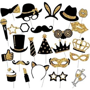 New Years Photo Booth Props, 24 Pcs Black Gold Party Photo Props New Years Eve Photo Booth Props for New Year Celebrations, Fun NYE Photo Booth Props New Year Photobooth Props