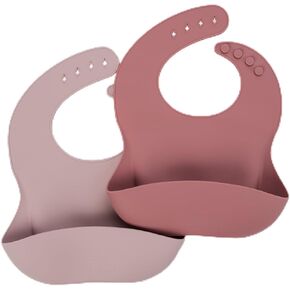 Silicone Bib 2-Pack: Safe, Non-Toxic, Food-Grade. Waterproof, Adjustable Neck Band, Easy-Clean Pouch Catcher.