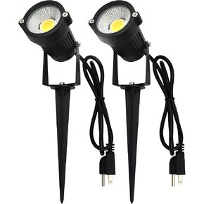 GSS6005 LED Landscape Spotlights Outdoor Plug in Light 5W, 120V AC, 3000K Warm, Metal Construction with Ground Stake, Outdoor and Indoor Use, 3-ft Cord with Plug, Black (Pack of 2)