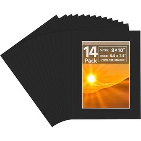 14 Pack Picture Frame Mats, 8x10 Matted to 5x7 Photo Mats, Acid Free White Core Bevel Cut Picture Matting for Pictures Photos Prints Watercolor Artwork (Black)