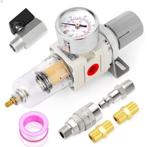 MEANLIN Air Compressor Moisture Filter, AW2000 Air Line Filter, 1/4" NPT Inlet with 150 PSI Gauge and Valve Shut Off Switch for Air Tools and Spray Paint Gun