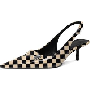 Women's Pointed Toe Slingback Heels Metal Buckle Ankle Strap Kitten Low Heel Pumps 2 Inch Stylish Retro Women Shoes
