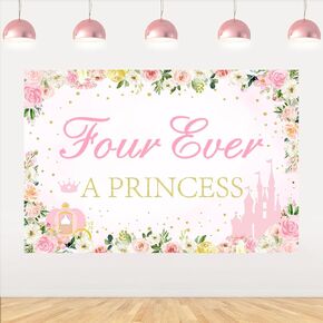 Four Ever a Princess Birthday Decorations Backdrop, Princess 4th Birthday Party Decorations Backdrop Banner for 4 Year Old Girl Birthday