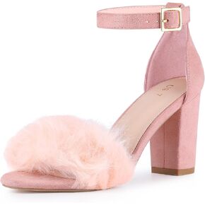Perphy Fluffy Feather Ankle Strap Chunky Heel Fur Heels Sandal for Women