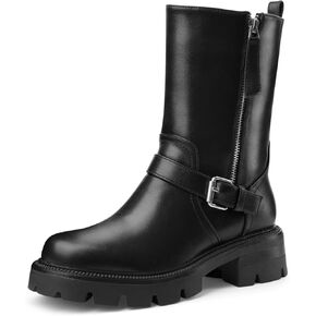 يا Mispares Lug Lug Sole Boots Round Round Toe Toe Calf Calf Carky Heel Buckle Side Side Side Side Side Mashing أحذية عرضية 2 بوصة